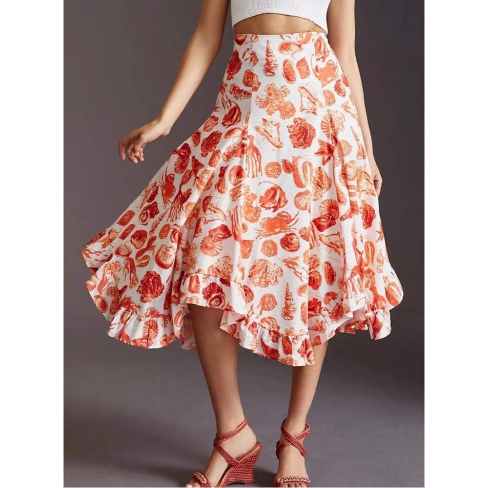 Maeve Anthropologie A Line Ruffled Midi Skirt Seashells Crab Beach Vacation 10